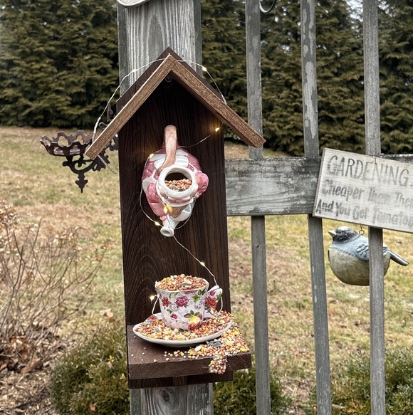 Rustic Wooden Handcrafted Bird Feeder April Showers Bring May Flowers - Picture 12 of 16